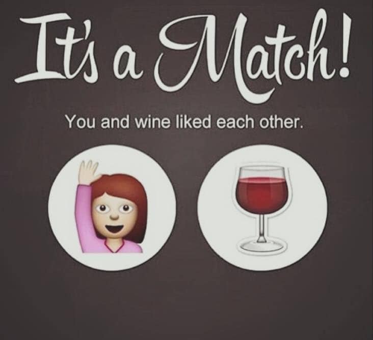 A Tinder-style "It's a Match!" screen featuring a woman emoji and a glass of red wine.