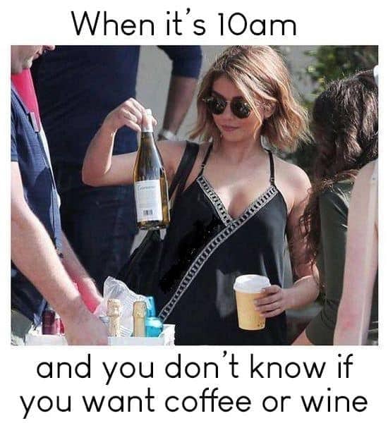 A woman drinking directly from a wine bottle with text about not dirtying any glasses.