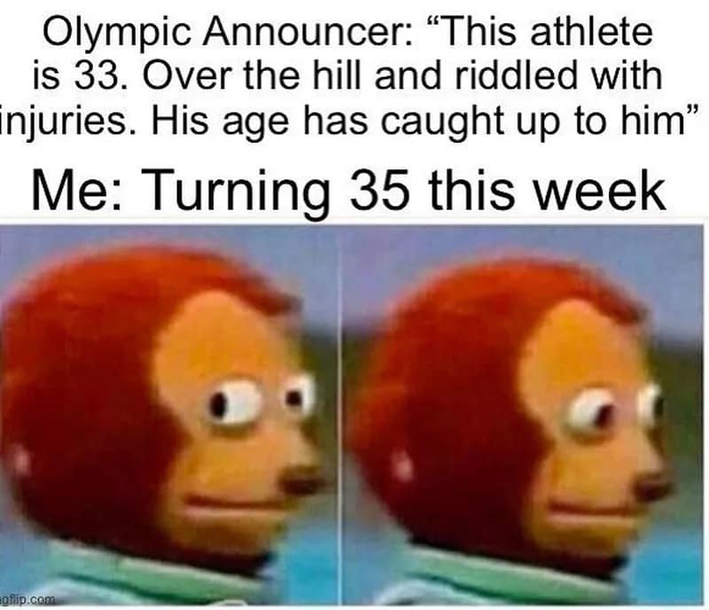 A Winter Olympics meme comparing a puppet looking nervous to an announcer calling a 33-year-old athlete "over the hill" and riddled with injuries.