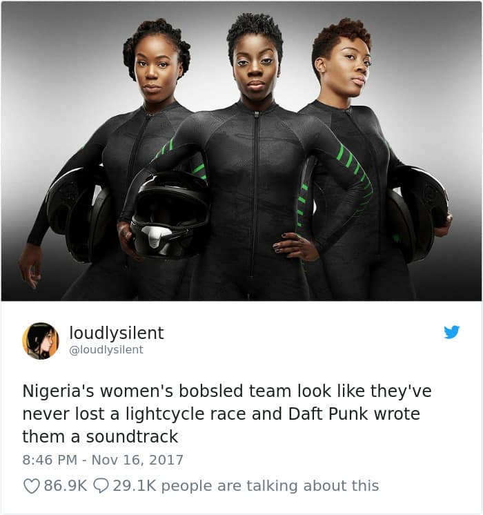 A Winter Olympics meme comparing the Nigerian women's bobsled team in black suits to Daft Punk or Tron characters.