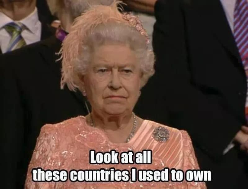 : A Winter Olympics meme featuring Queen Elizabeth II looking unimpressed at the Opening Ceremony parade, captioned about owning the countries.