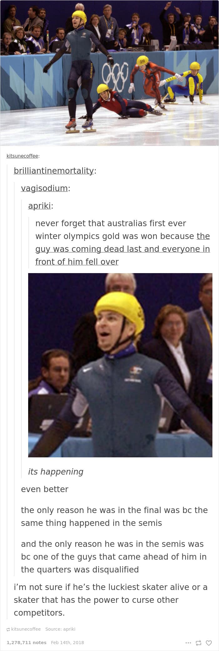 A Winter Olympics meme showing Australian skater Steven Bradbury winning gold because every other competitor fell down in front of him