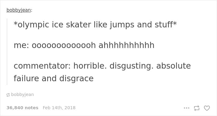 A Winter Olympics meme text post contrasting a casual viewer's awe at figure skating with the commentator's harsh critique of a "disaster."