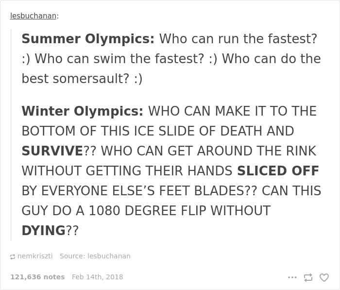 A Winter Olympics meme text post comparing the simple running of Summer games to the "ice slide of death" and "feet blades" of Winter games.