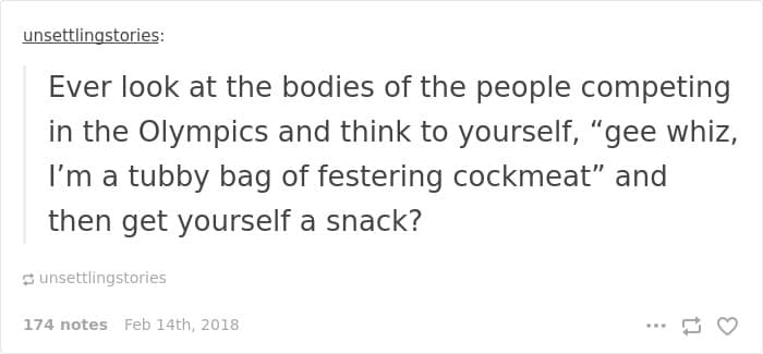 A Winter Olympics meme text post about feeling like a "tubby bag" while watching elite athletes compete, then eating a snack anyway.