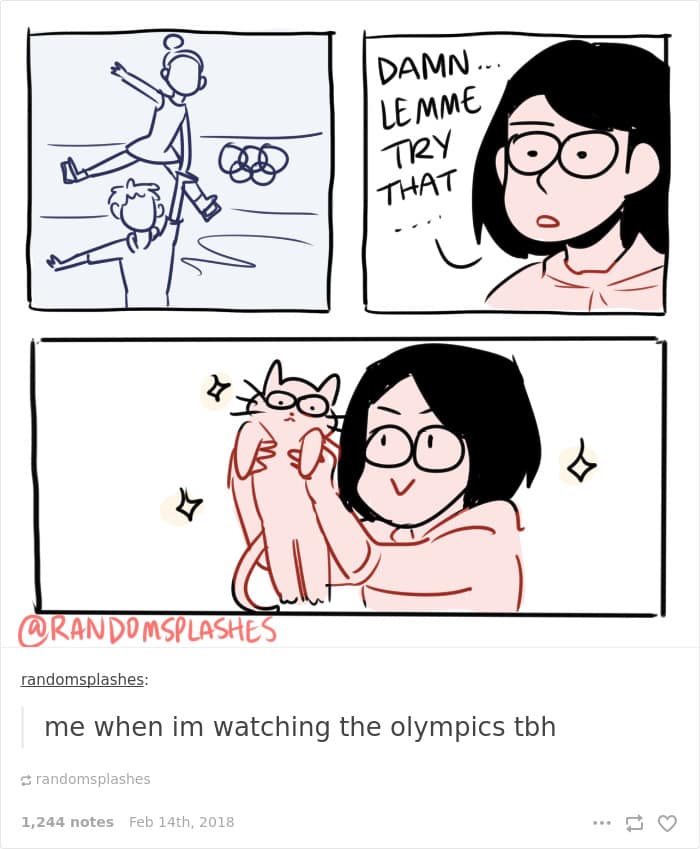 A Winter Olympics meme comic where a girl watches figure skating and then tries to lift her cat into a graceful pose, confusing the cat.