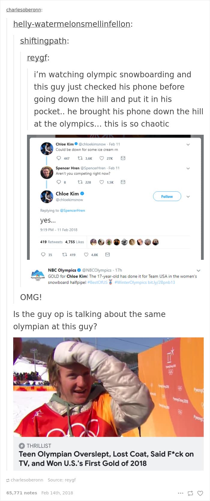 A Winter Olympics meme compilation showing Chloe Kim tweeting during competition and Red Gerard winning gold after oversleeping.