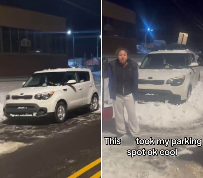 Split screen showing a white Kia Soul occupying a cleared spot and then buried in.