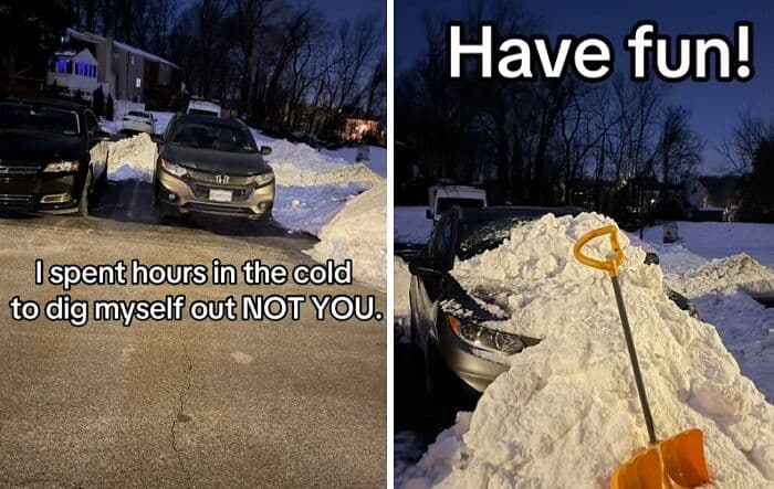 Honda buried in a giant mound of snow with a shovel sticking out the front.