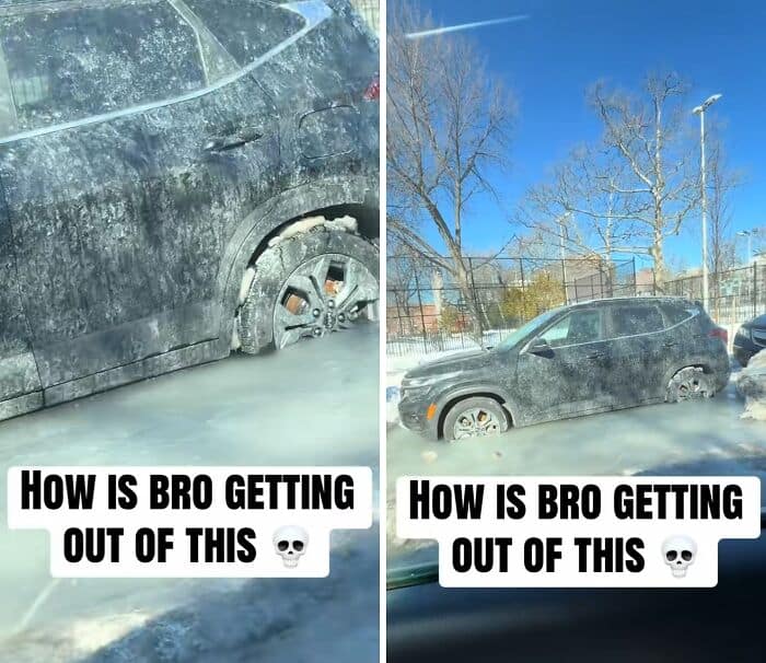 Black SUV trapped in a thick layer of frozen slush and ice on a street.