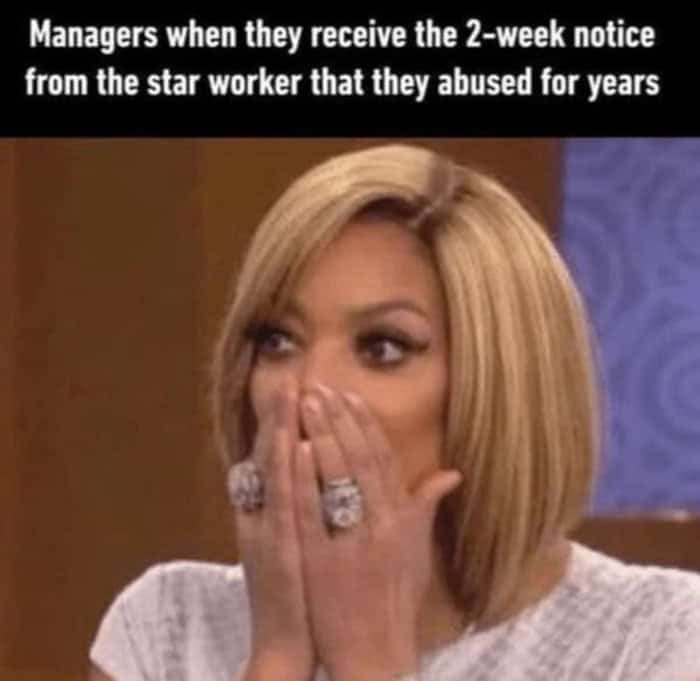 A hilarious work meme showing a shocked Wendy Williams to perfectly capture managers' absolute disbelief when the star employee they have abused for years finally hands in their 2-week notice.