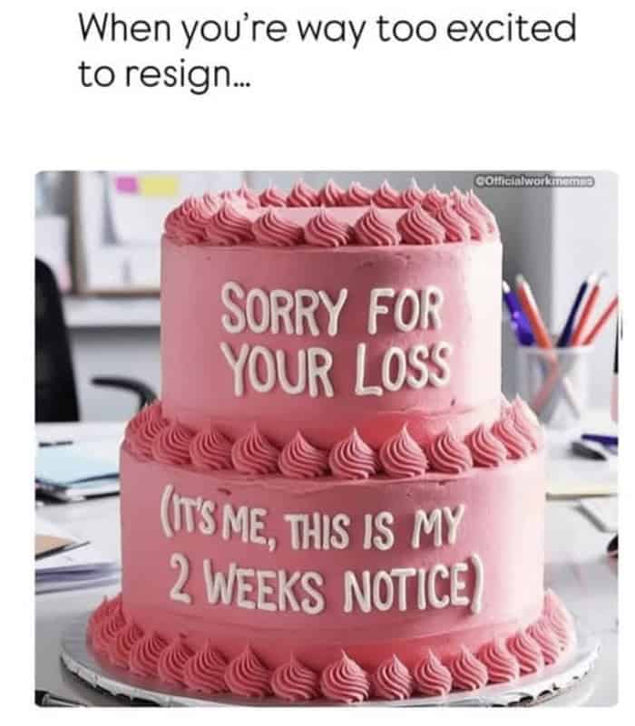 A triumphant resignation work meme showing a beautiful, two-tier pink frosted cake with the savage icing message: "Sorry for your loss (It's me, this is my 2 weeks notice)," capturing the pure joy of quitting a bad job.