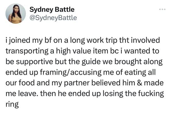 Tweet about a work trip involving a high-value item and a missing ring.