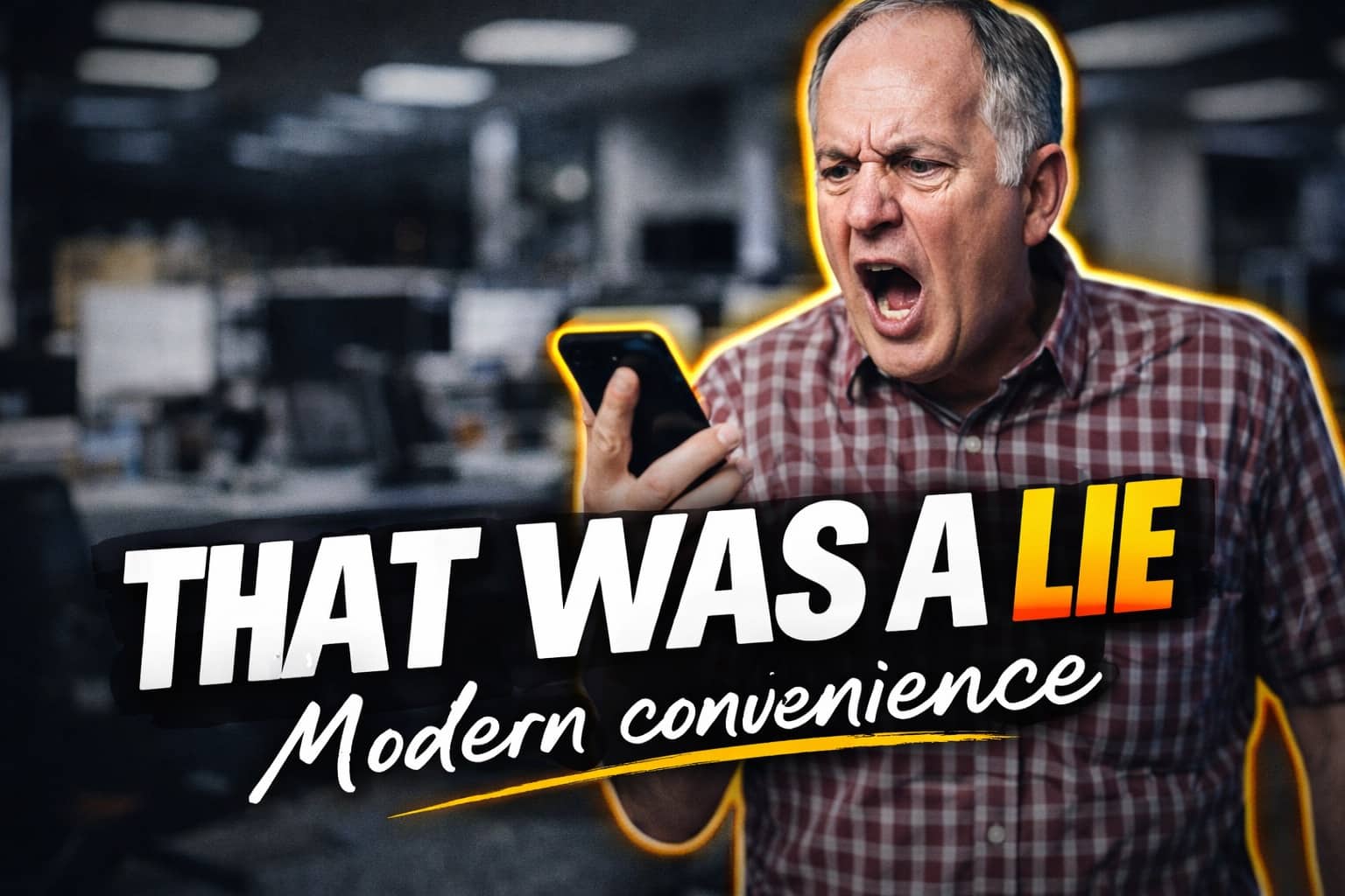 Angry middle-aged man yelling at his smartphone with text overlay reading That Was A Lie.