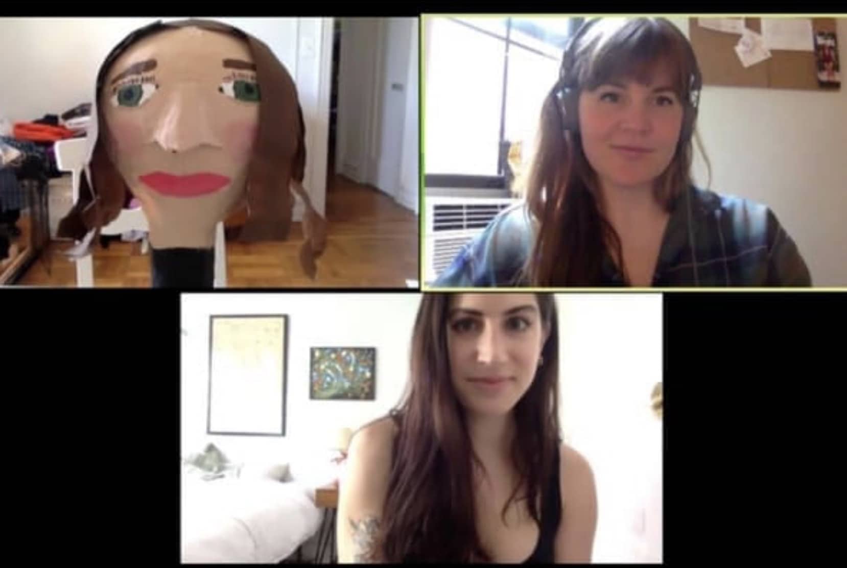 A funny zoom call meme featuring a woman and a poorly made cardboard cutout lookalike.