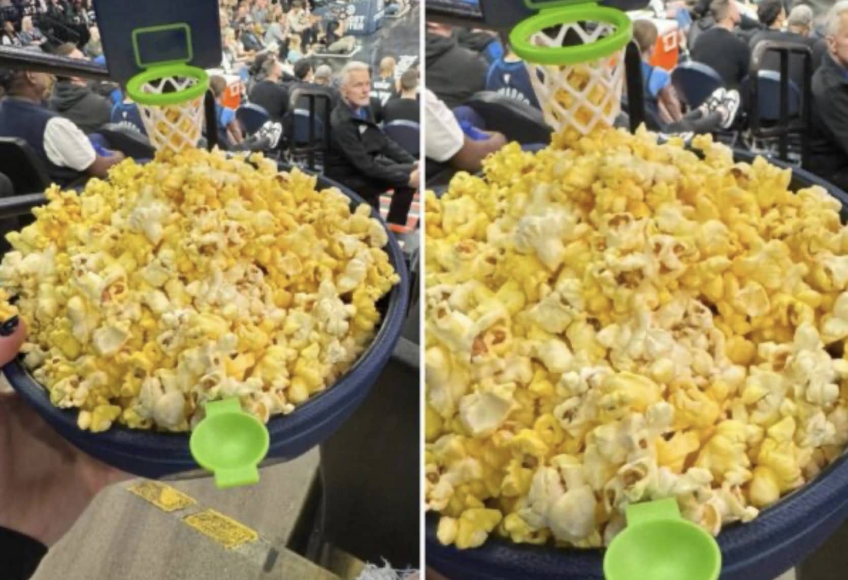 Basketball hoop popcorn bowl at a sports game with green hoop and launcher for fun snacking.