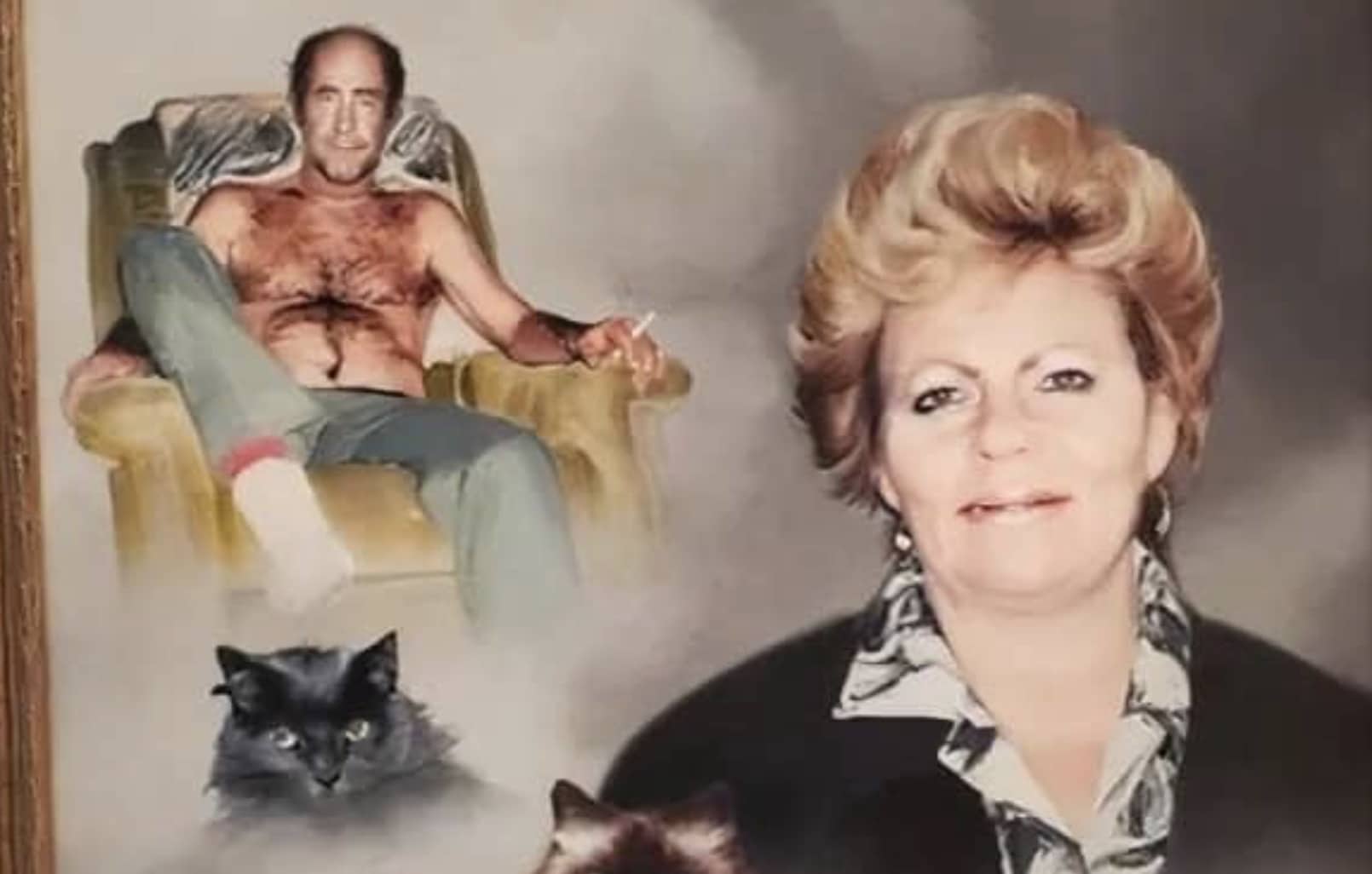 Retro family portrait meme featuring a shirtless man smoking and a woman with cats.