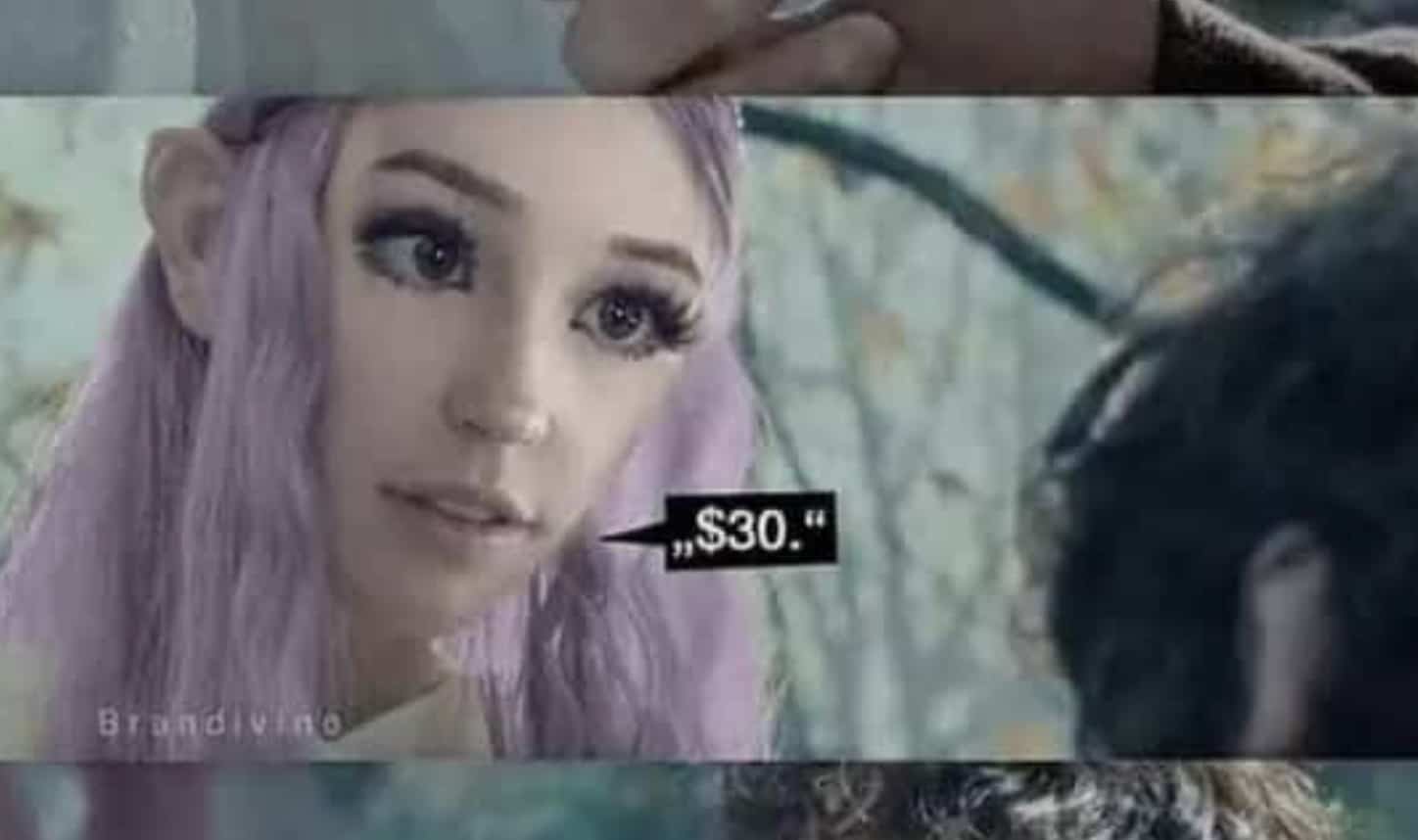 A close-up, edited film still featuring a woman with purple hair and prosthetic elf ears (Belle Delphine) superimposed into a scene from The Lord of the Rings. She is looking at another character with a serious expression, with a speech bubble that simply reads, "$30."