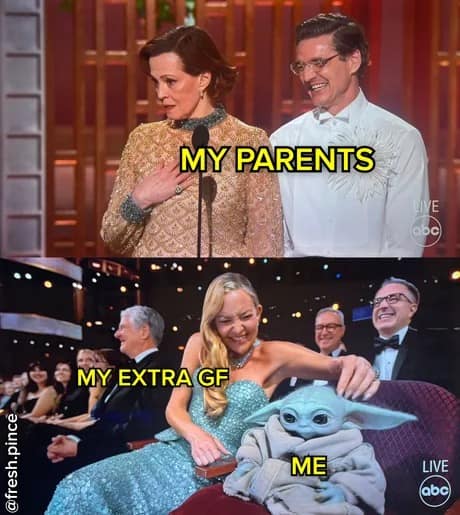 chaotic family dynamic is perfectly illustrated using a Grogu-petting Kate Hudson to represent an "extra" girlfriend in this relatable Oscars meme.