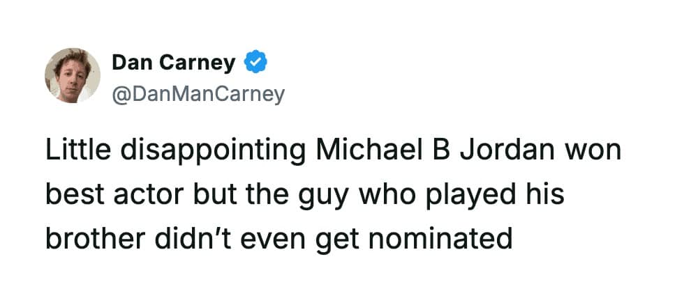The hilarious confusion surrounding Michael B. Jordan’s award win is mocked in this witty tweet, a standout among 2026 Oscars memes