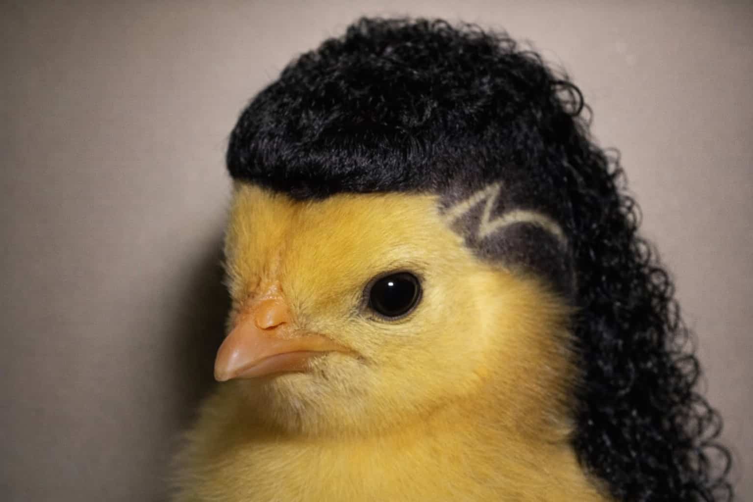 Small yellow chick with a miniature black curly mullet hairstyle and shaved side designs.