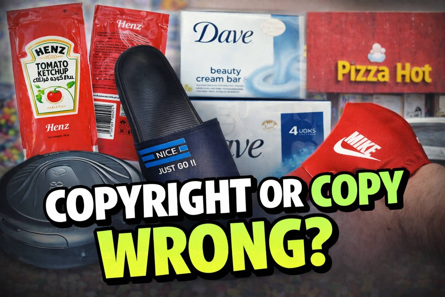 Collection of funny off-brand products including Henz ketchup and Mike socks with Copy Wrong text.