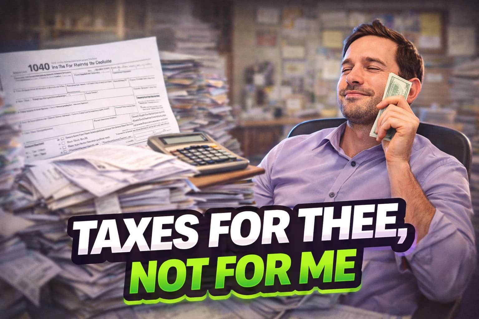 Smug man holding cash next to a pile of tax forms with text Taxes For Thee Not For Me.