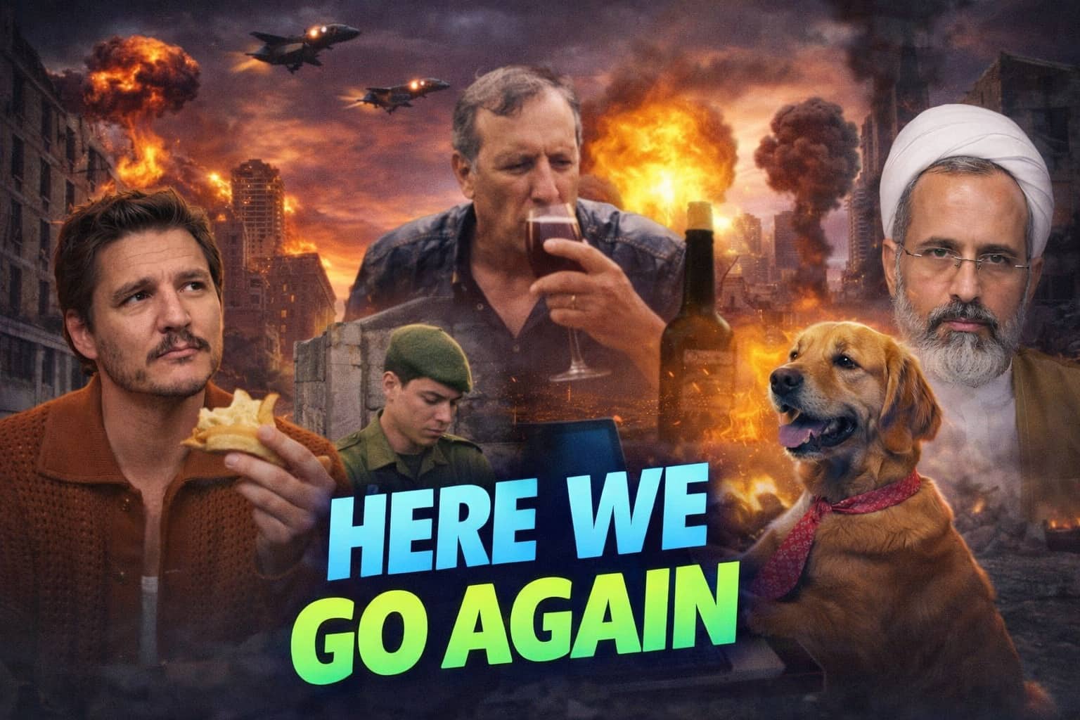 Cinematic montage of Pedro Pascal, world leaders, and explosions with text overlay Here We Go Again.