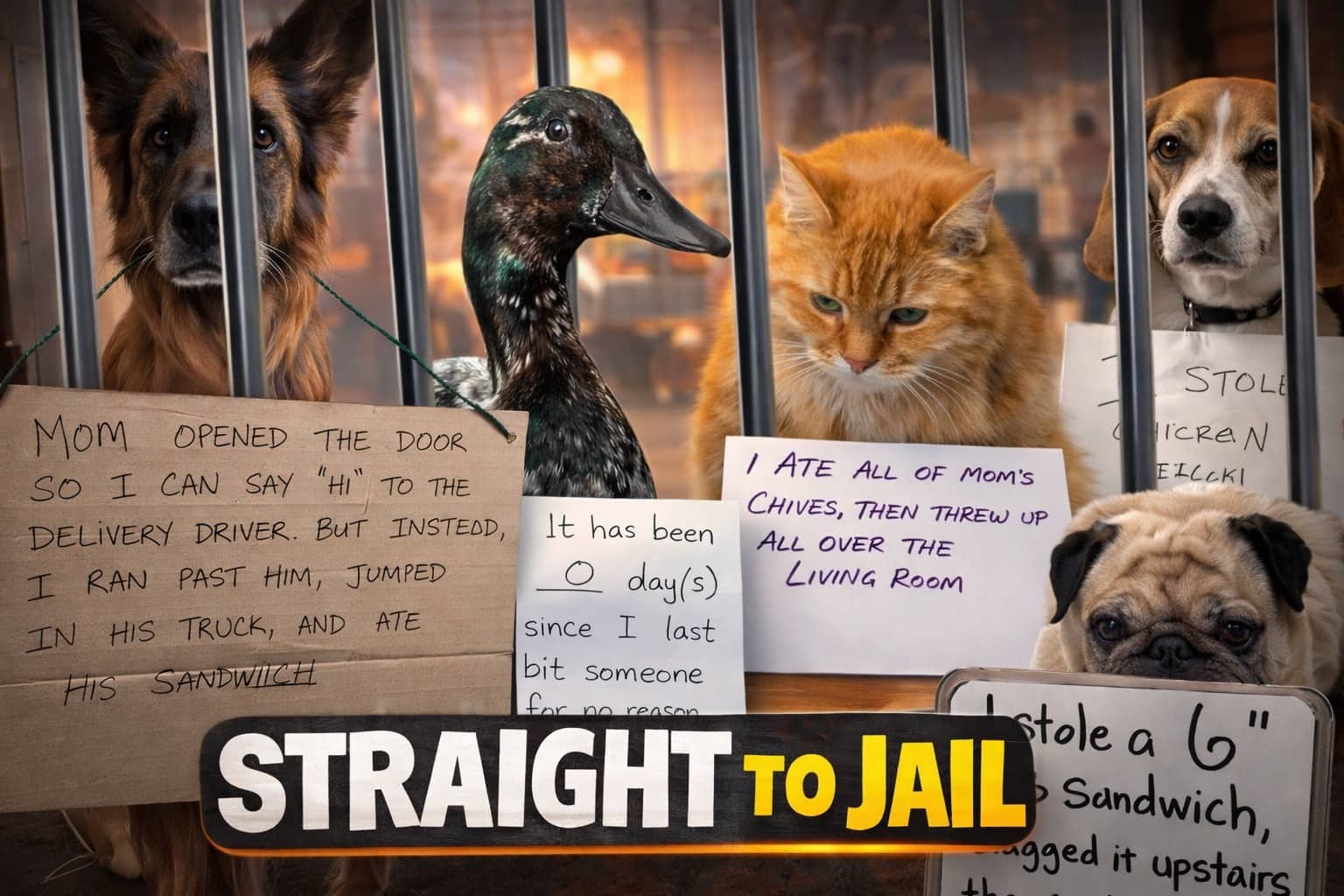 Group of pets including dogs, a cat, and a duck behind bars for pet shaming.