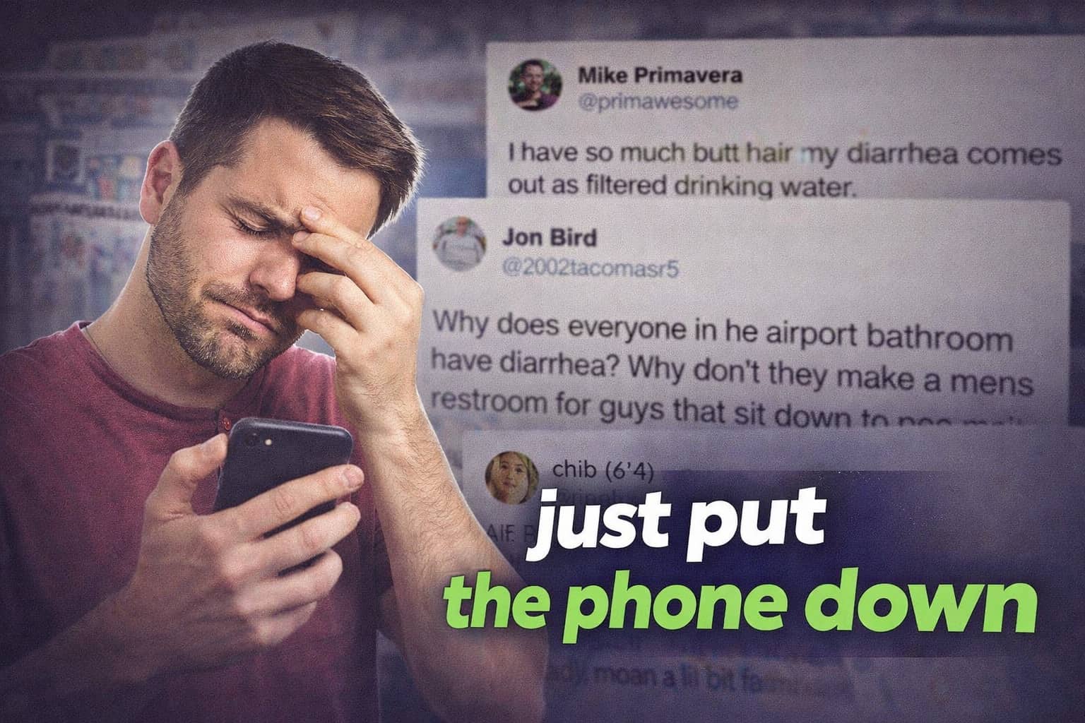 Man reacting to weird tweets about gross personal habits and uncomfortable airport bathroom experiences on phone.