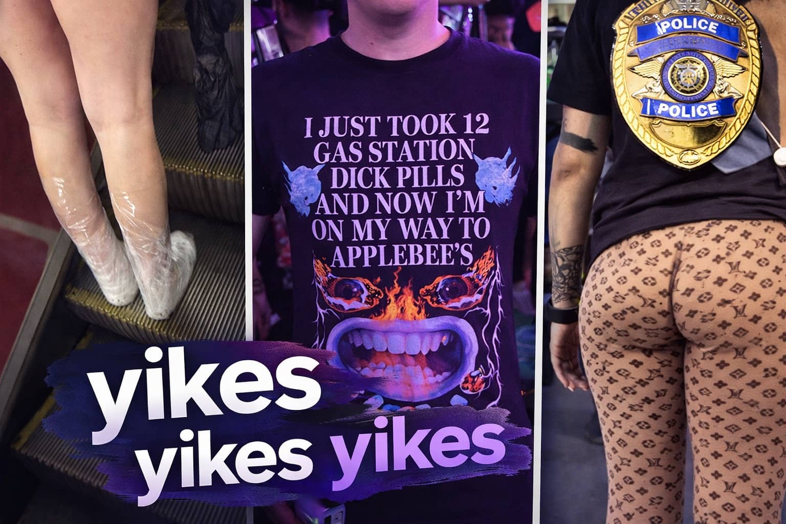 Collage of bad fashion choices including plastic wrap shoes and a graphic gas station shirt.