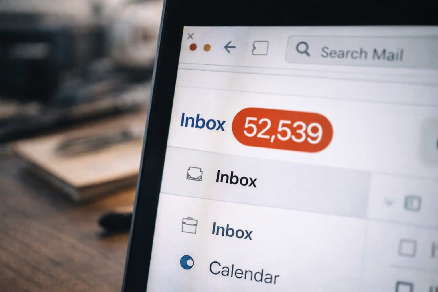 Laptop screen showing an overwhelming email inbox with over fifty two thousand unread messages notification.