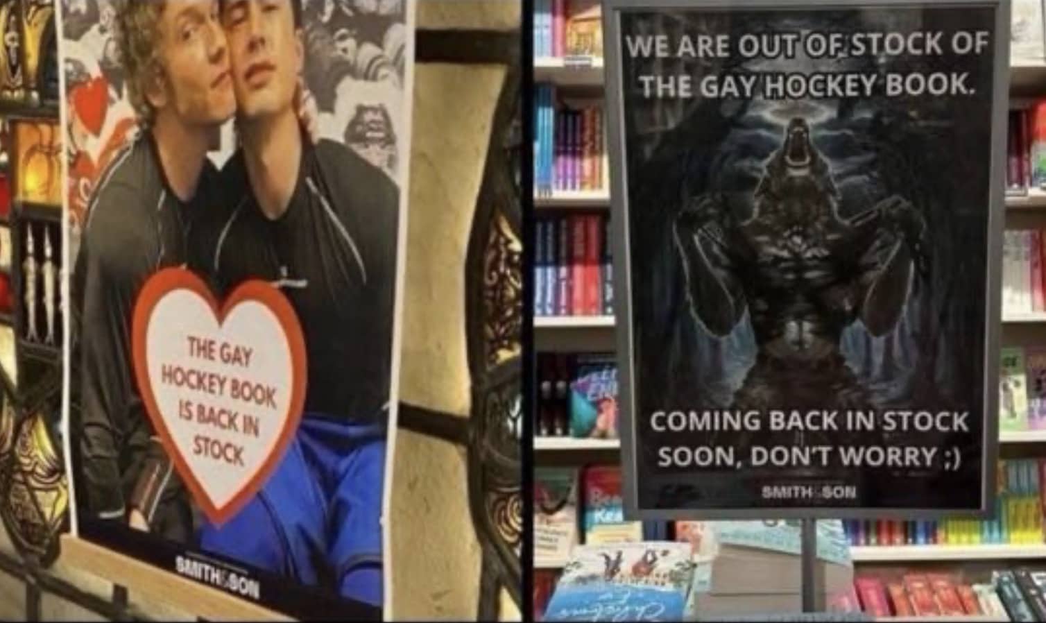 Bookstore signs announcing "The Gay Hockey Book" is back in stock and out of stock.