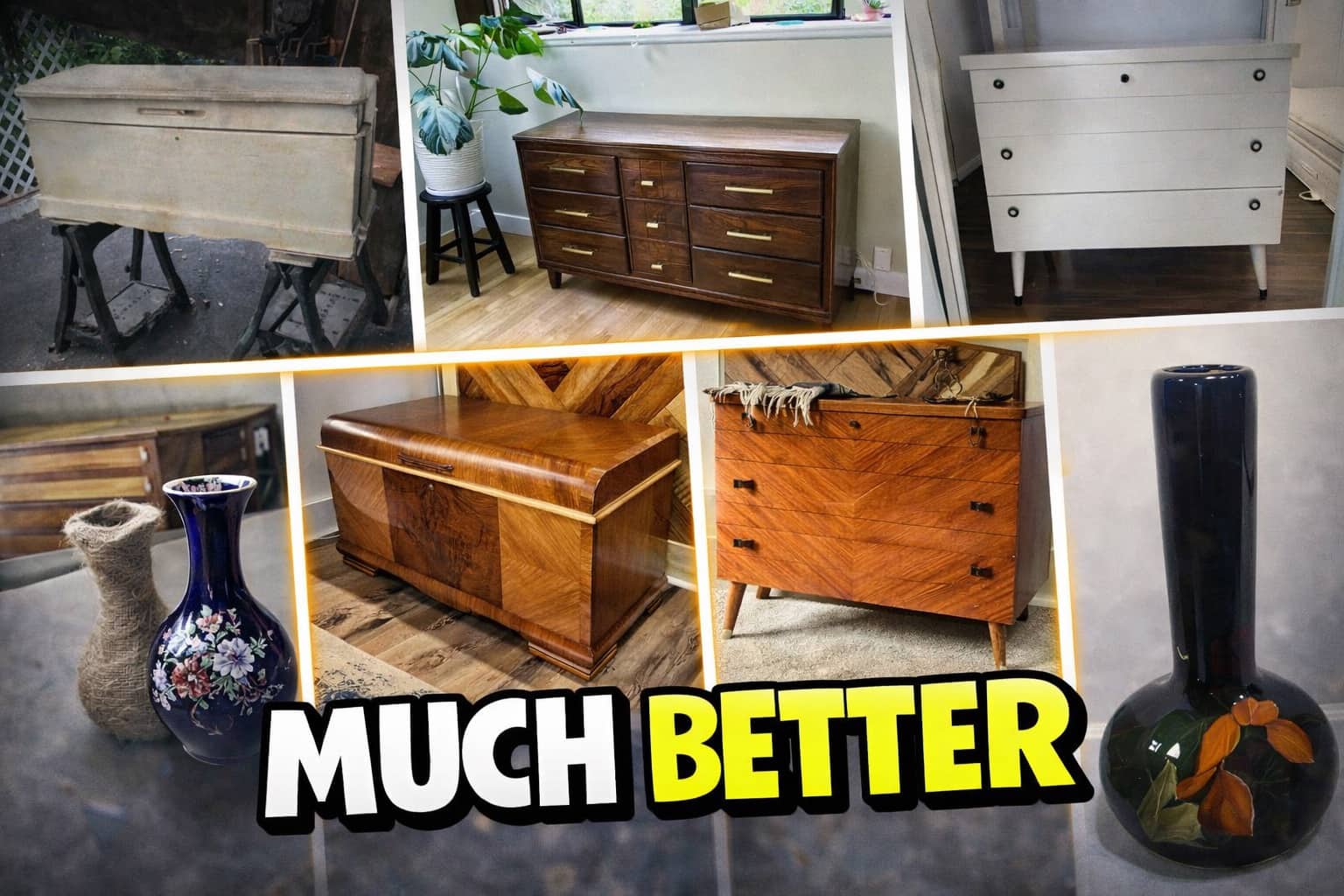 Before and after collage of restored old furniture and vases showing impressive wood grain transformations.