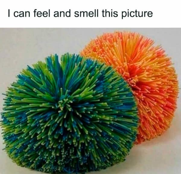 A sensory-activating 90s meme featuring two rubbery, colorful Koosh balls with a caption claiming you can instinctively feel and smell the picture, perfectly capturing the tactile essence of classic 90s nostalgia.