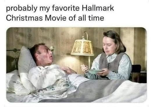 dark humor 90s meme using a still from the 1990 thriller Misery, showing Annie Wilkes feeding a bedridden Paul Sheldon, ironically captioned as a "favorite Hallmark Christmas Movie."