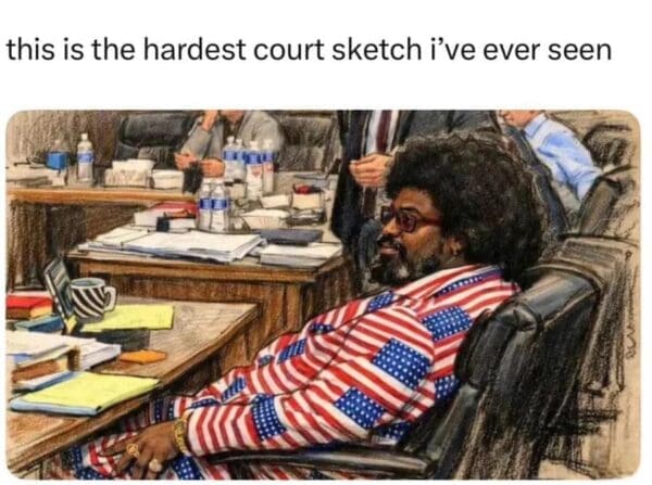 A striking Afroman trial meme showing a detailed courtroom sketch of the rapper. He is depicted leaning back in his chair with a confident expression, wearing his signature red-and-white striped suit with blue star-patterned lapels and tinted glasses. The caption reads: "this is the hardest court sketch i’ve ever seen."