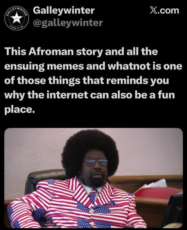A viral Afroman trial meme tweet from Galleywinter showcasing Afroman's commitment to his courtroom aesthetic. The rapper is seen sitting stoically in a courtroom chair, dressed in a red-and-white striped blazer with blue-and-white star lapels and matching American flag sunglasses.