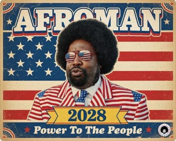 A political-style Afroman trial meme campaign poster for "Afroman 2028". The weathered, vintage-style design shows the rapper in his signature flag suit and aviators against a backdrop of the Stars and Stripes, featuring the slogan "Power To The People".