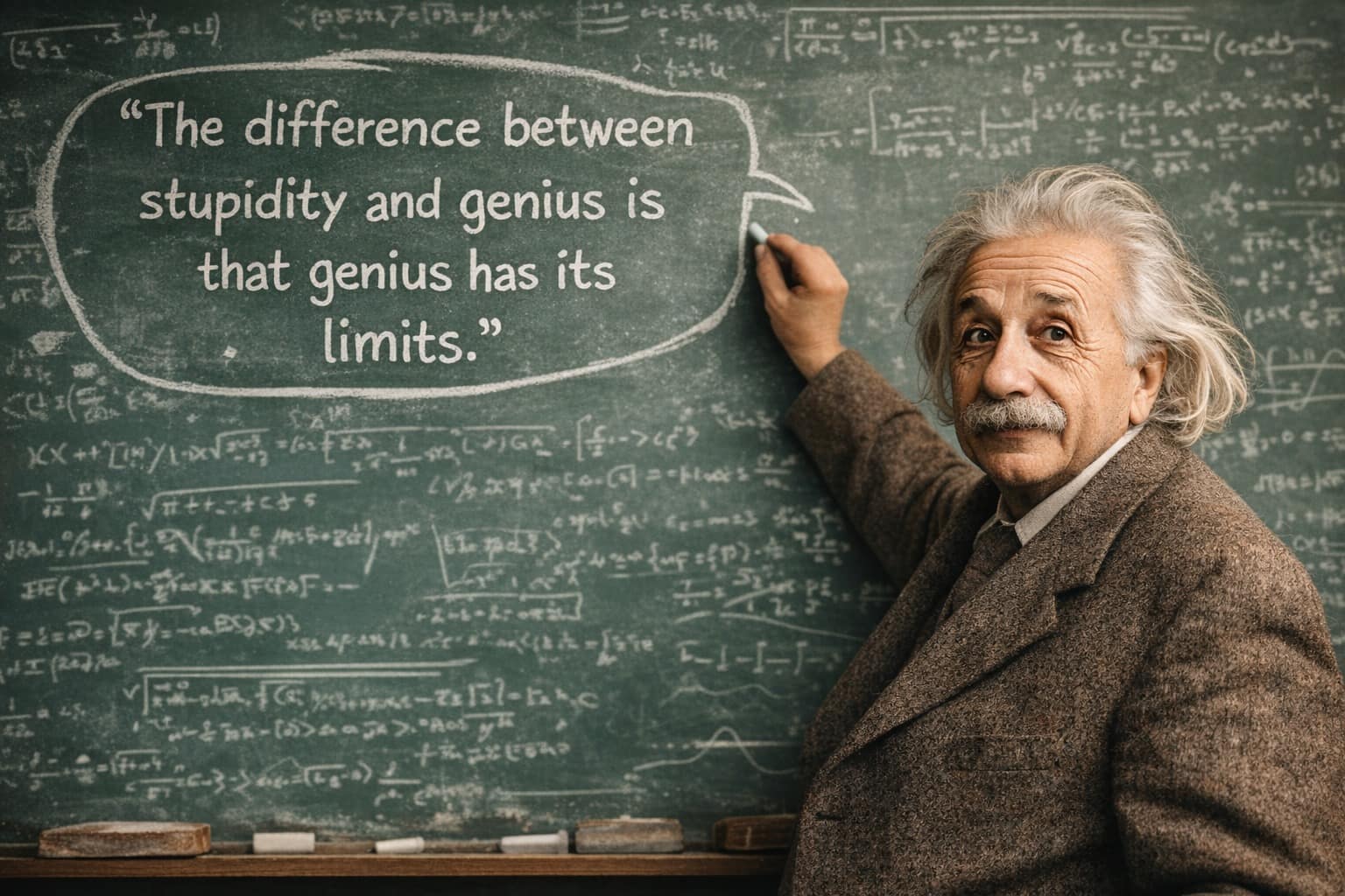 A collage of Albert Einstein quotes featuring Einstein playfully sticking out his tongue, the scientist actively writing complex formulas on a green chalkboard, and a contemplative profile shot of him smoking his pipe.