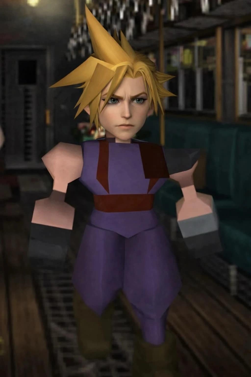 hilarious DLSS 5 meme take on Cloud Strife from Final Fantasy VII, keeping his original blocky, low-poly PS1 body while applying a hyper-realistic, modern-rendered face that looks completely out of place.