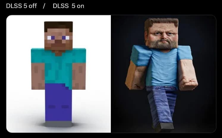 cursed DLSS meme showing Steve from Minecraft. The "Off" version is the standard pixelated character, while the "On" version is a hyper-detailed 3D render of a square-headed man with realistic pores, a thick beard, and intense, human eyes.