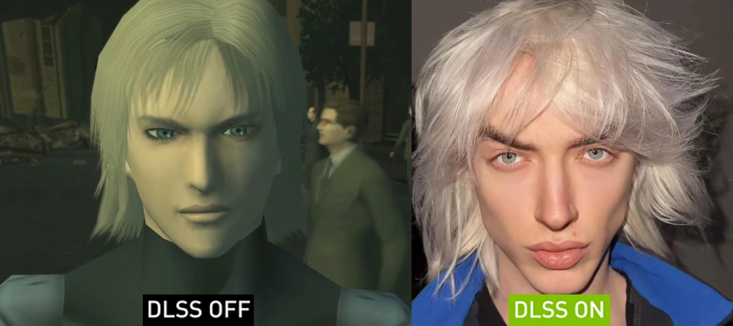 Raiden from Metal Gear Solid 2 is the subject of this DLSS meme, transitioning from his jagged PS2-era polygons to a photorealistic "pretty boy" render with flowing white hair and sharp, chiseled facial features.