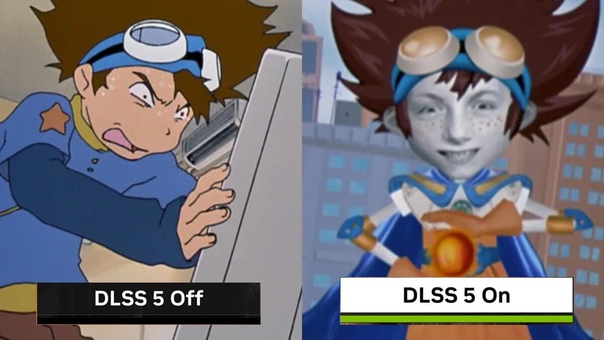 This DLSS meme takes a screenshot of Tai from Digimon in his classic low-detail anime style for the "Off" setting. The "On" setting replaces his face with a hyper-realistic, slightly unsettling 3D render of a real human boy, capturing the uncanny valley of modern upscaling