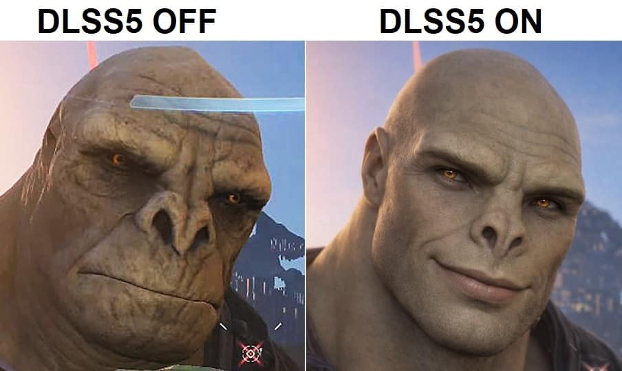 this DLSS meme revisits "Craig the Brute" from Halo Infinite. The original, untextured 2020 model is the "Off" state, while the "On" state transforms him into a "Gigachad" version with a razor-sharp jawline and a handsome, smug smirk.