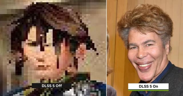 This DLSS meme features the late Igor or Grichka Bogdanoff. The "Off" side is a heavily pixelated, low-res portrait, while the "On" side reveals the real-life socialite’s famously distinctive, surgically altered face in high definition.