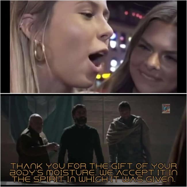 hilarious mashup features the viral "Hawk Tuah" girl alongside Stilgar and Duke Leto, who solemnly accept her "gift of body moisture" in the spirit of Fremen water discipline