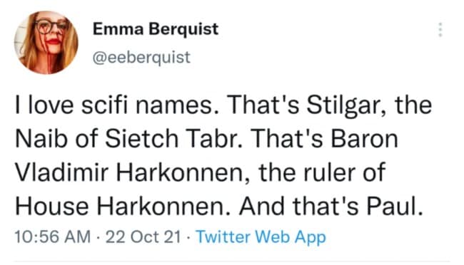 This Dune meme tweet roasts the juxtaposition of complex sci-fi titles like "Naib of Sietch Tabr" and "Baron Vladimir Harkonnen" with the protagonist's remarkably ordinary name: "Paul."