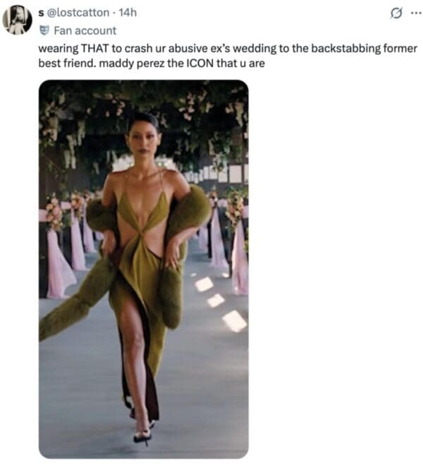 An iconic Euphoria season 3 trailer reaction tweet. It shows Maddy Perez (Alexa Demie) strutting down a wedding aisle in a daring, cut-out olive green gown and a matching fur stole. The caption celebrates her crashing Nate and Cassie’s wedding as a total "ICON."