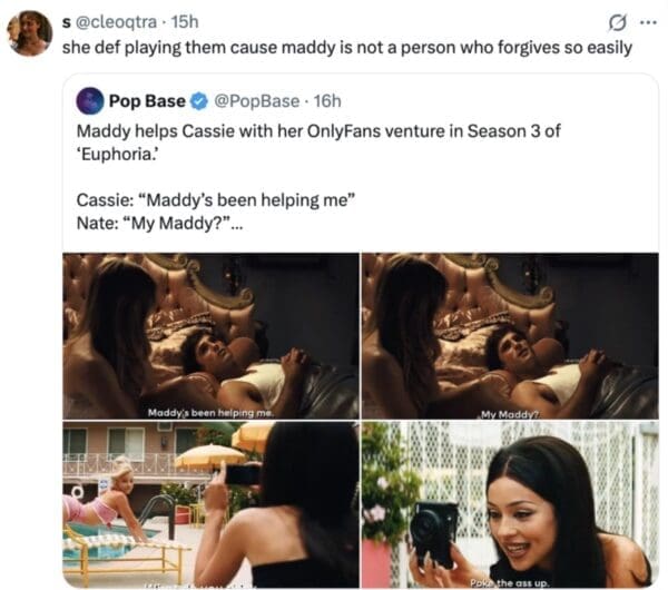 A plot-focused Euphoria season 3 trailer reaction collage. It highlights a rumored storyline about Maddy helping Cassie with an "OnlyFans venture." The tweet from @cleoqtra suggests Maddy is secretly "playing them" because she wouldn't forgive their betrayal so easily.